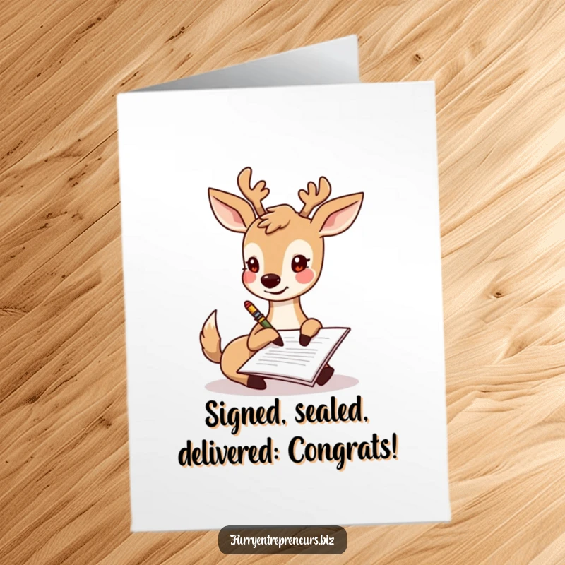 Free Printable Congratulations Card: A joyous deer uses its hoof to sign a document, celebrating success humorously.