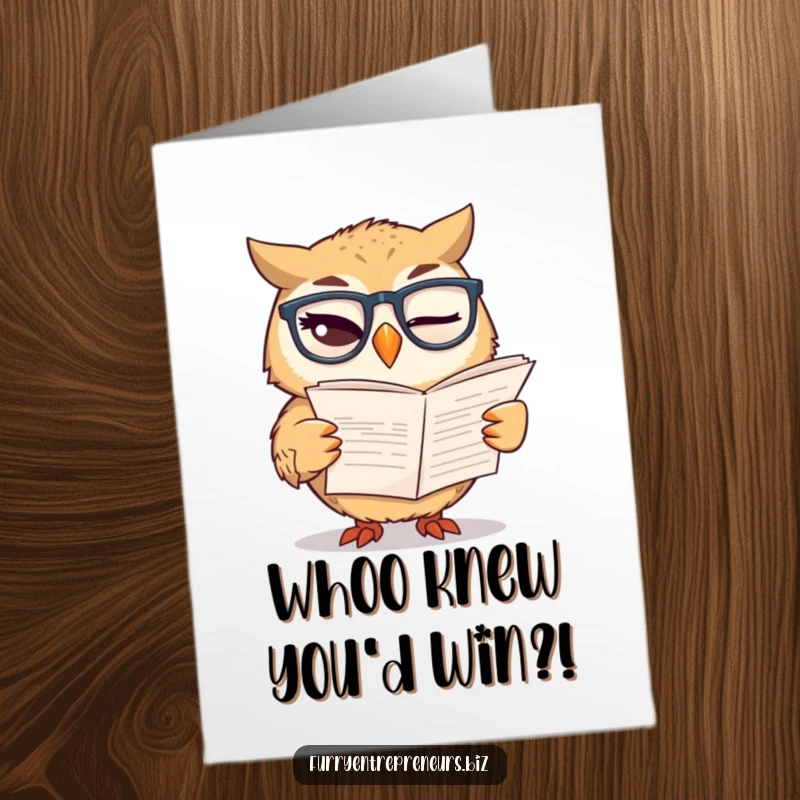 Funny Free Printable congratulations card, an owl with glasses reads a financial report, celebrating smart success.