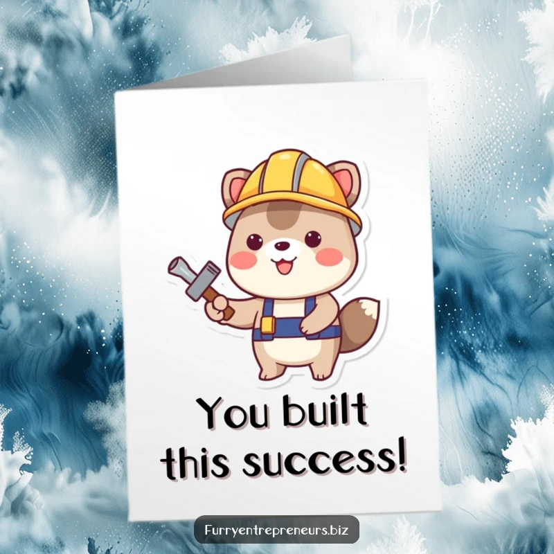 Funny Free Printable Congrats Card: A happy animal in a hard hat holds a tool, celebrating success.