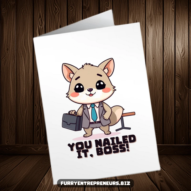 Funny Free Printable Congrats Card: Smiling animal in suit leads tiny business meeting, celebrating a successful deal with confidence.