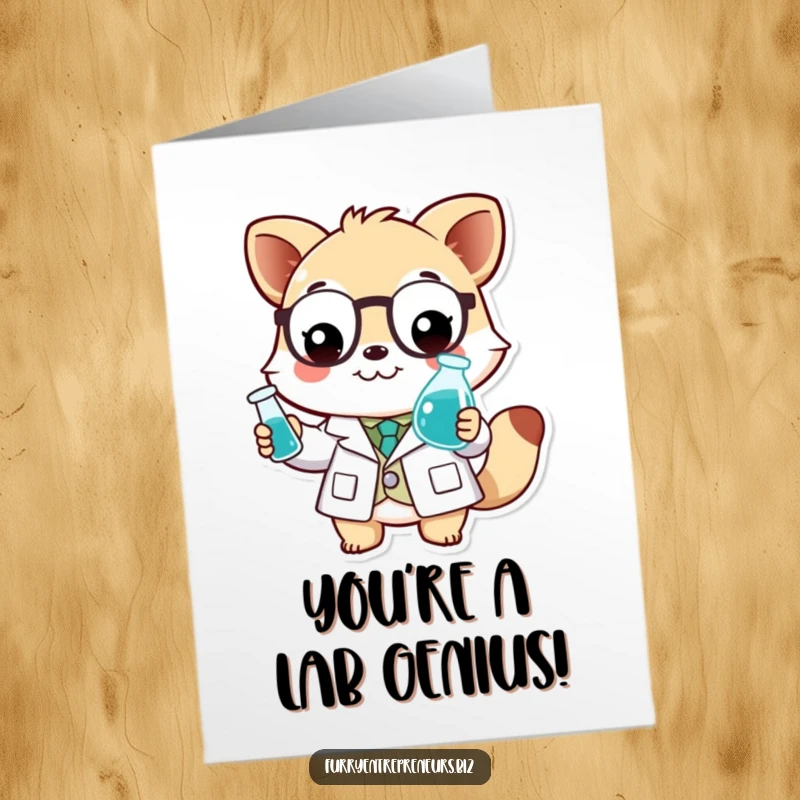 Funny Free Printable Congratulations Card: Smiling animal in a lab coat holding a tiny beaker, celebrating a breakthrough.