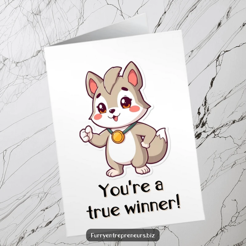 Funny Free Printable Congratulations Card: Heroic animal with a medal striking a proud pose, celebrating a big win.
