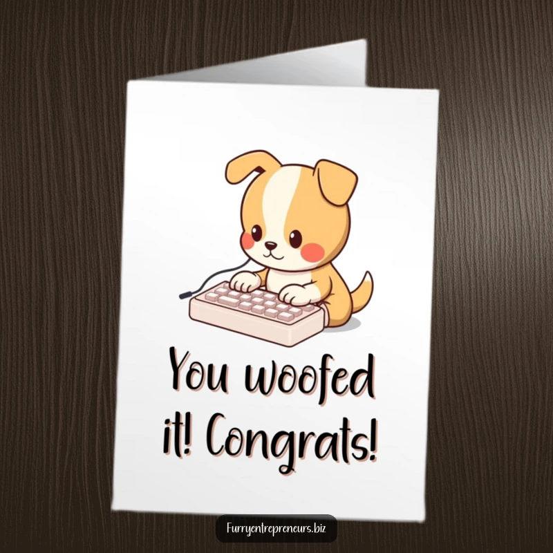 Funny Free Printable congratulations card, a dog diligently types on a mini keyboard, celebrating tech success.