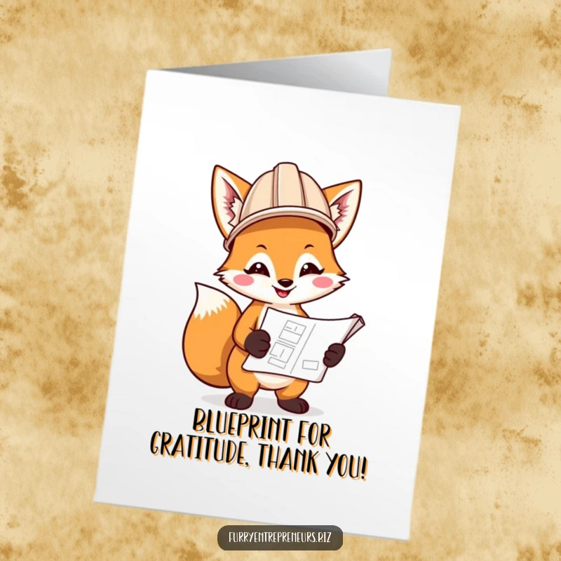 Funny Free Printable thank you card, a construction fox with a blueprint expresses thanks, ready for DIY gifting.