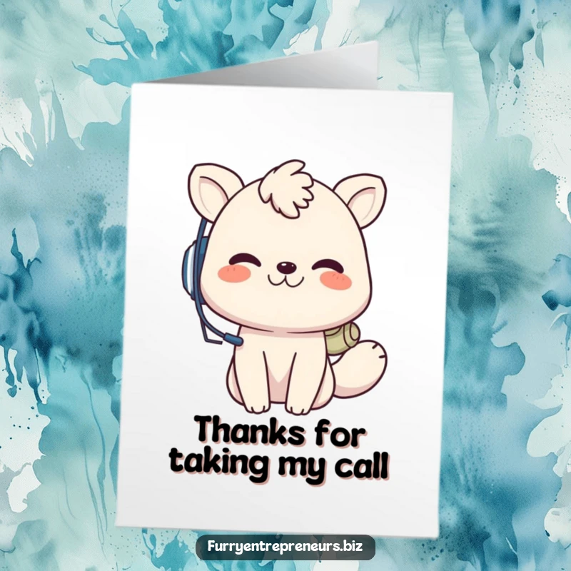 Funny Free Printable Thank You Card: Playful animal wearing a tiny headset grins while taking a call, expressing thanks.