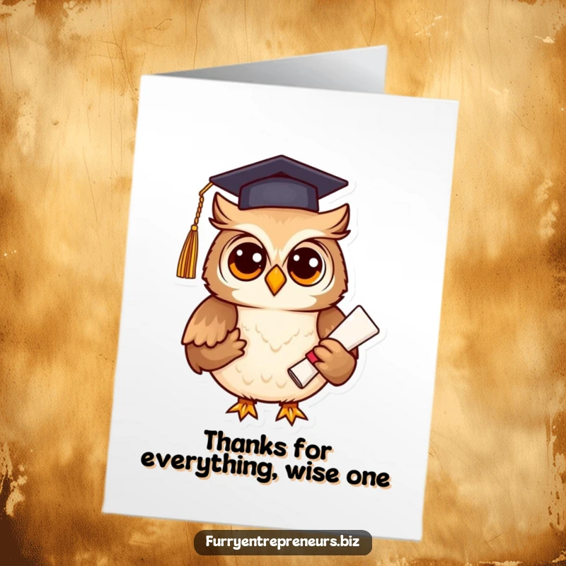 Funny Free Printable Thank You Card: An owl in academic regalia, holding a diploma, conveying thanks.