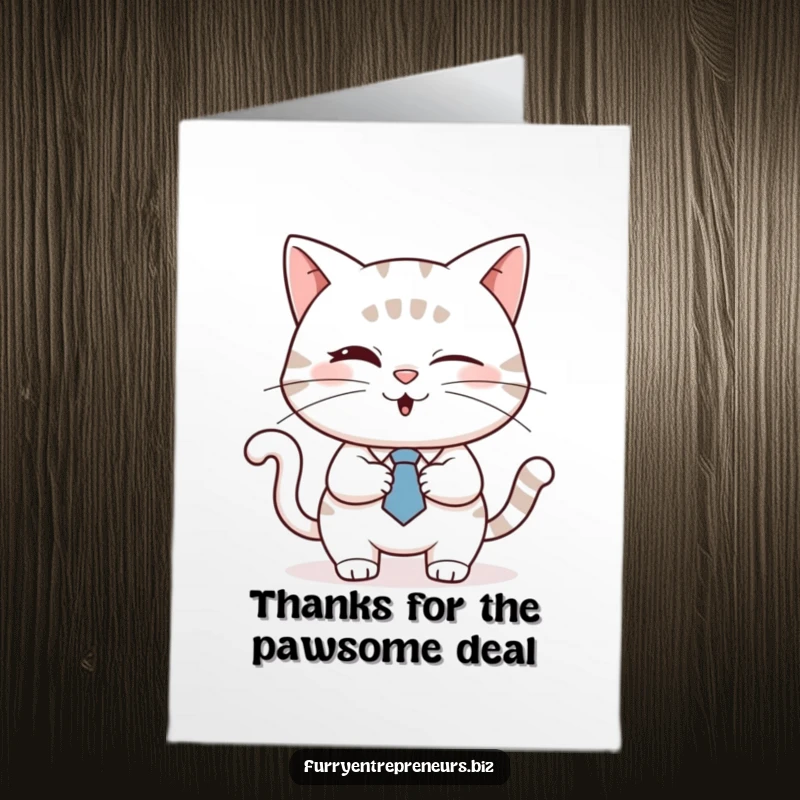 Funny Free Printable Thank You Card: A cat wearing a tie winks and shakes hands, making a 'deal' of thanks.
