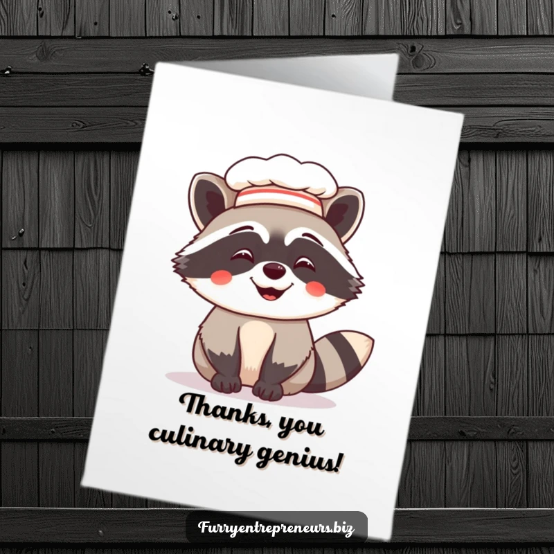 Funny free printable thank you card with a giggling raccoon chef, expressing thanks with a side of culinary charm.