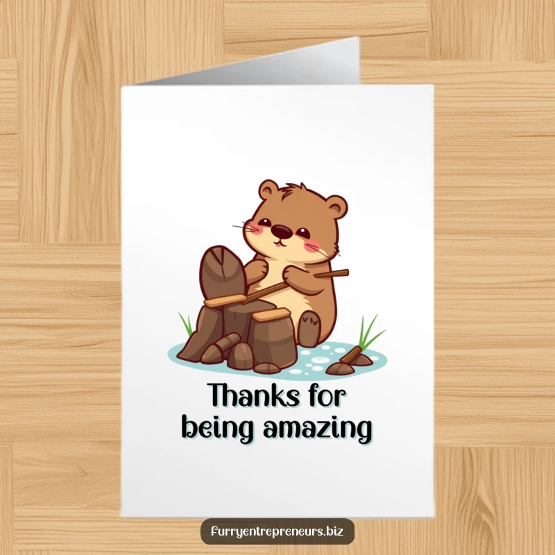 Funny Free Printable Thank You Card: Beaver character diligently building a tiny dam with small sticks, expressing thanks, downloadable.