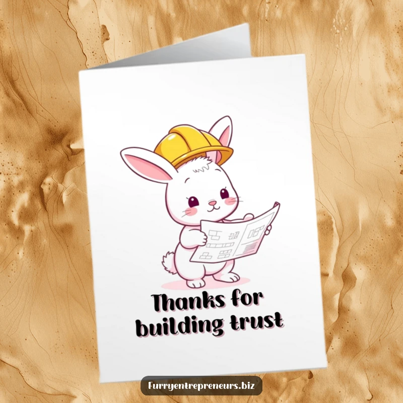 Funny Free Printable Thank You Card: A bunny wearing a hard hat looking at blueprints, holding a tool and offering thanks.