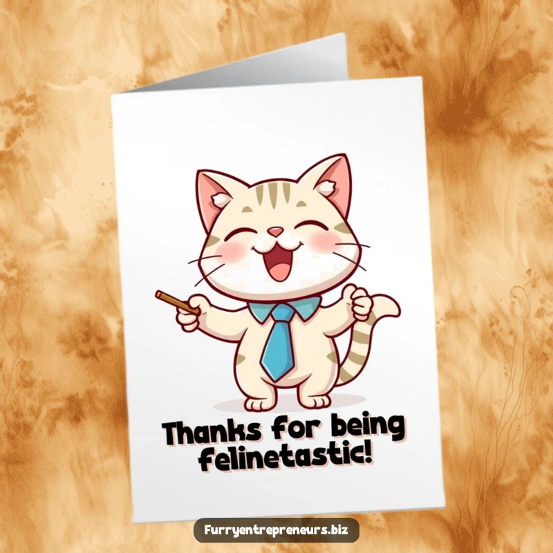 Funny free printable thank you card of a dapper cat in a necktie pointing with a stick, conveying sincere thanks.