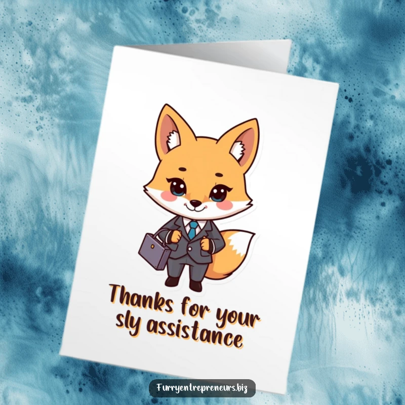 Funny Free Printable Thank You Card: A sophisticated fox wearing a business suit and holding a briefcase, offering thanks.