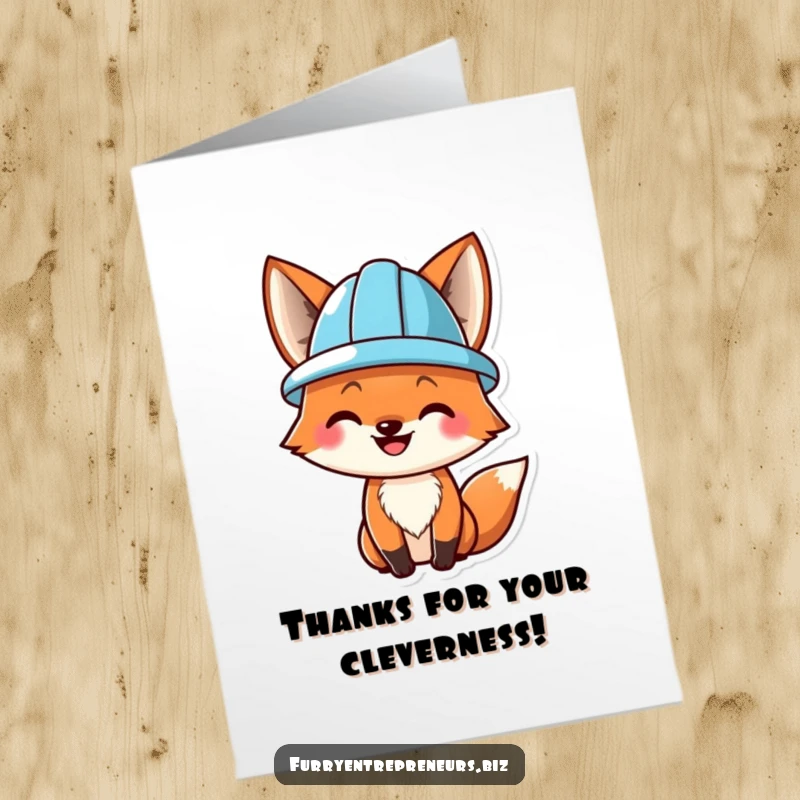 Funny free printable thank you card with a smiling fox in a hard hat, ready to thank you for your work.