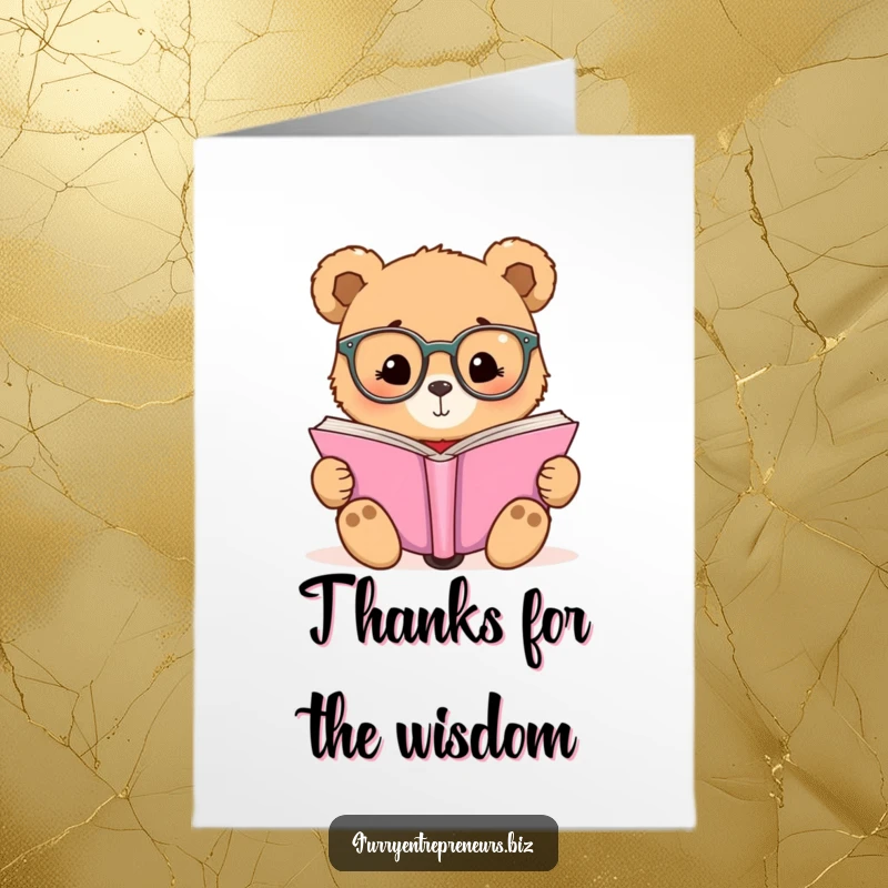 Funny free printable thank you card: A wise bear in small glasses engrossed in a book, expressing sincere thanks.