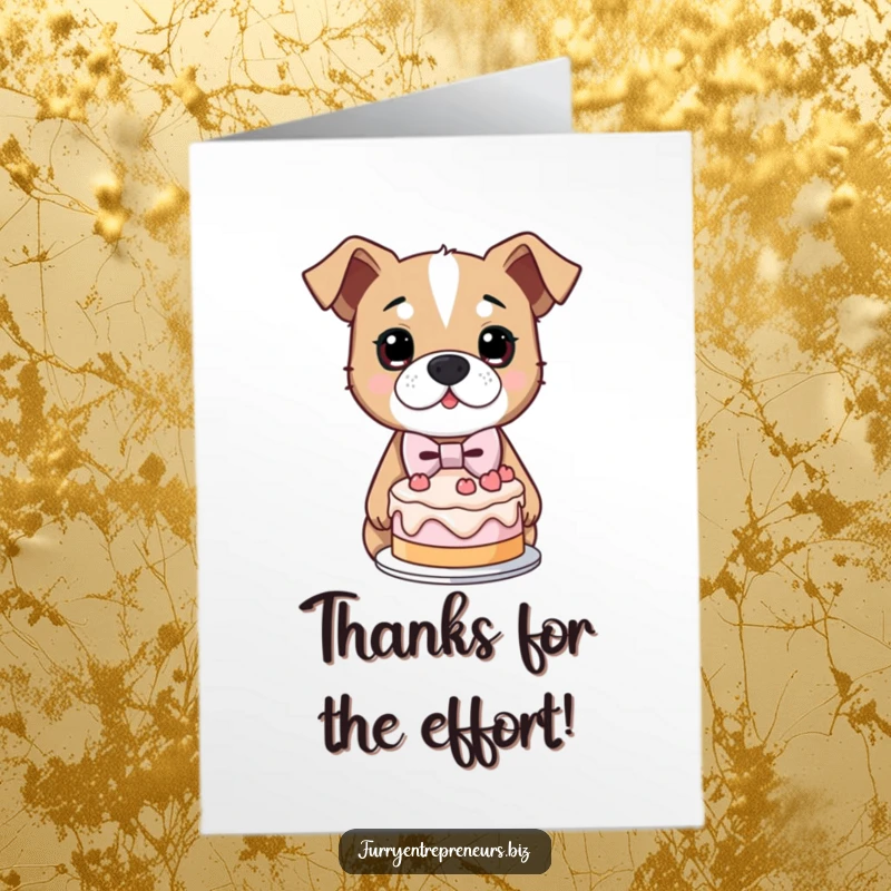 Funny Free Printable Thank You Card of a determined dog in a bowtie proudly presenting a charmingly lopsided cake, saying thank you.
