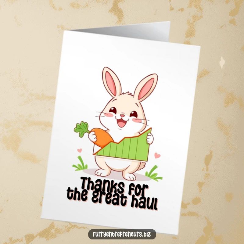 Funny Free Printable Thank You Card: A rabbit character enthusiastically presents a graph showing positive trends, with a carrot.
