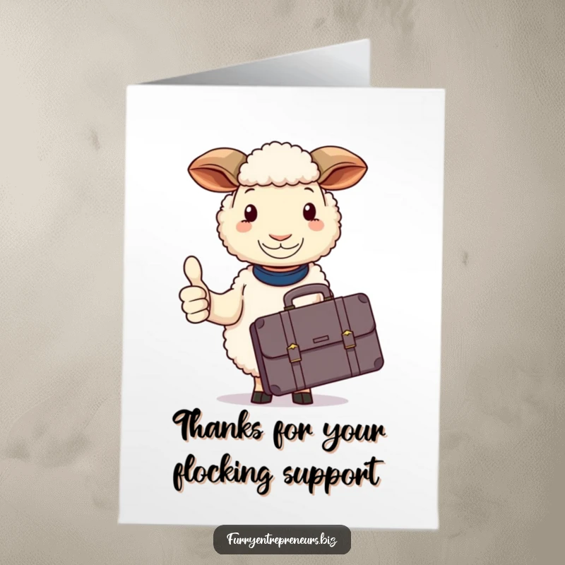 Funny Free Printable Thank You Card: Sheep with a briefcase calmly gives a thumbs up, expressing thanks.