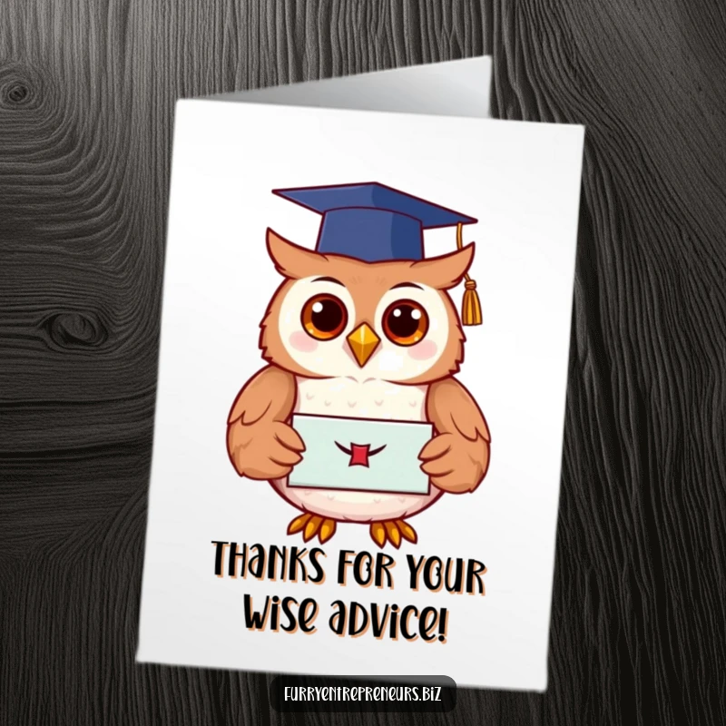 Funny free printable thank you card with an owl wearing a graduation cap and holding a diploma, conveying thanks wisely.