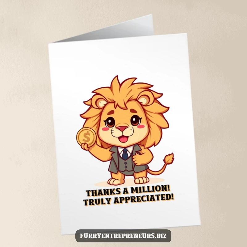 Funny Free Printable Thank You Card: A brave lion in a small suit holding a coin, offering thanks with financial flair.