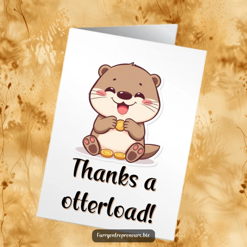 Funny Free Printable Thank You Card: An otter happily counts his coins, a symbol of abundant thanks.