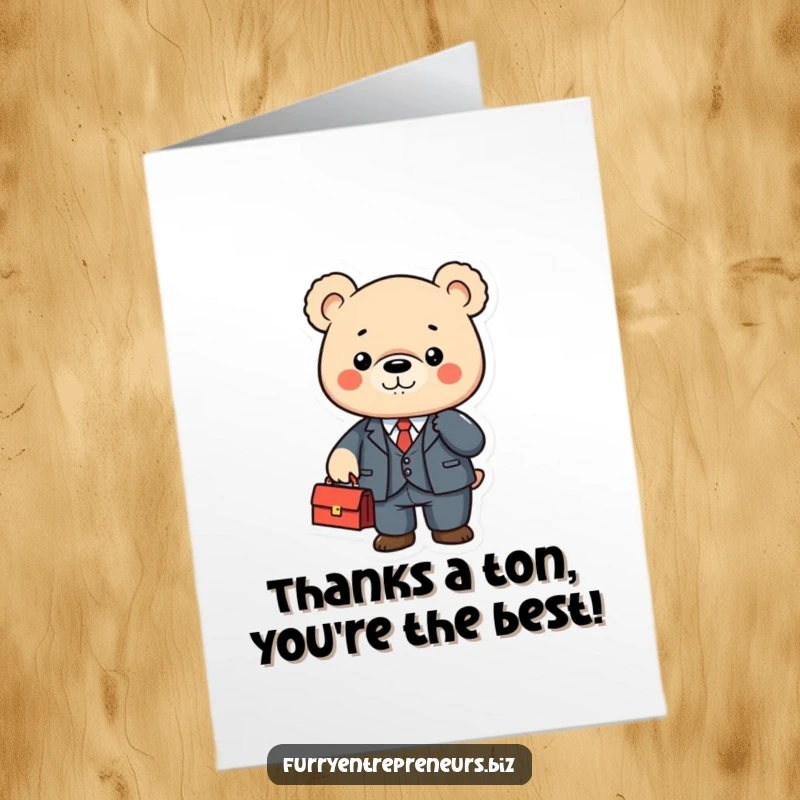 Funny free printable thank you card of a cute bear in a tiny suit shaking a briefcase, perfect for a funny downloadable gift.