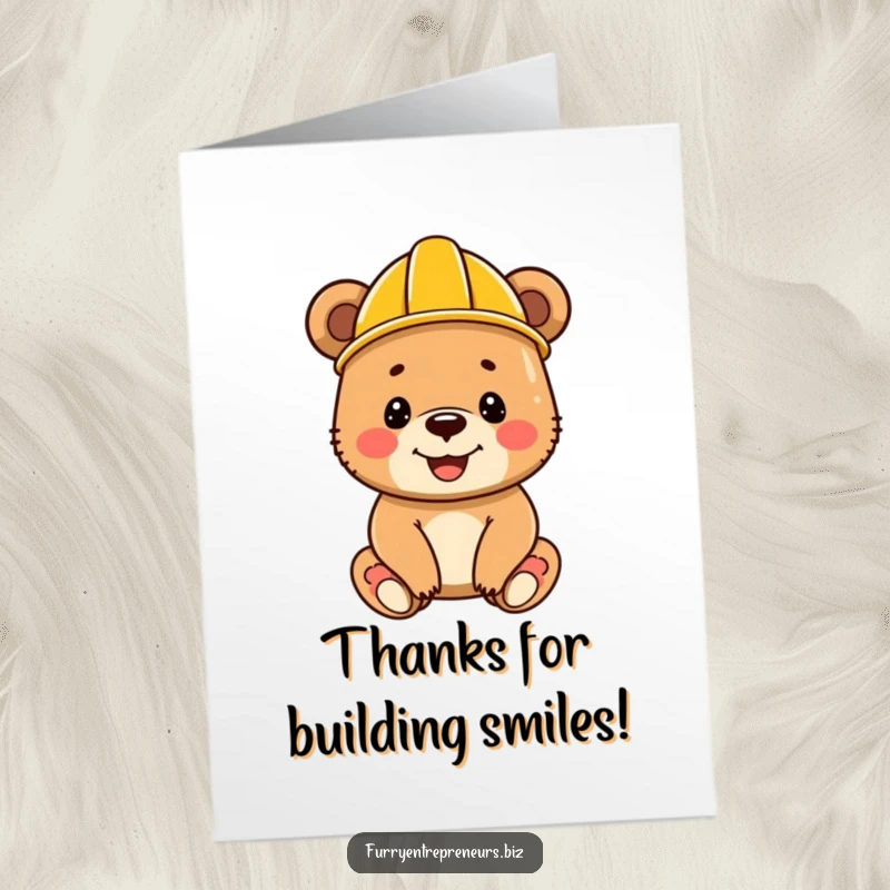 Funny free printable thank you card: A happy bear cub wearing a tiny construction helmet holds a sign saying Thank You.