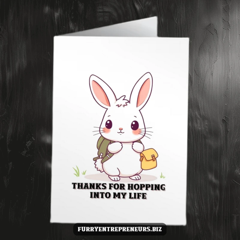 Funny Free Printable Thank You Card: Curious rabbit wearing a tiny backpack, exploring and expressing thanks.