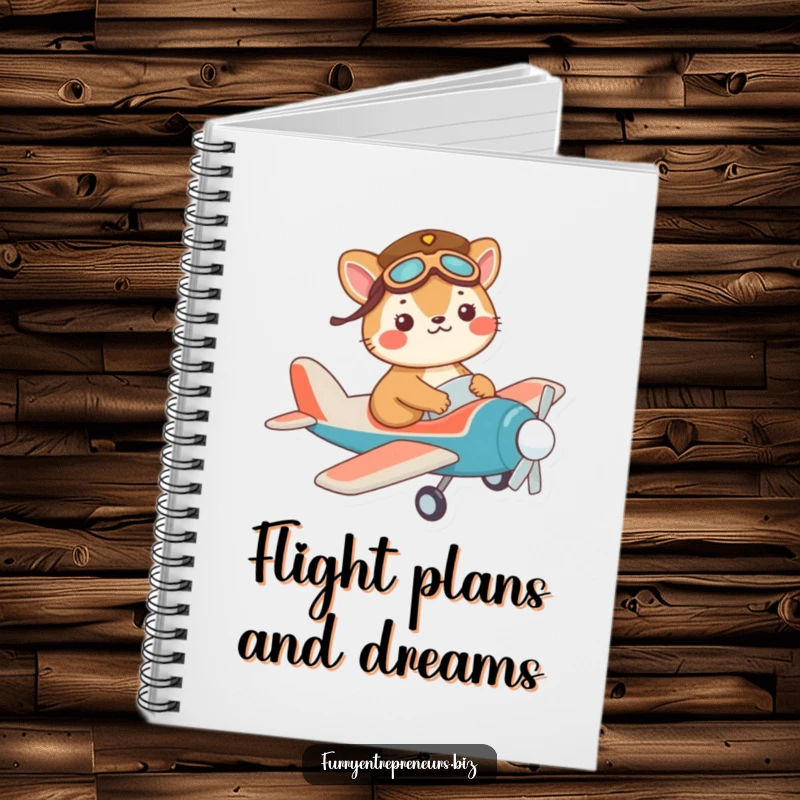 Funny pilot animal notebook featuring a mischievous character in a tiny pilot hat, flying a toy plane.