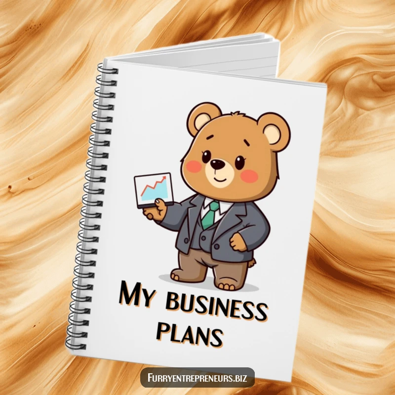 Funny bear notebook, wearing a tiny business suit, presenting a growth chart for productivity.