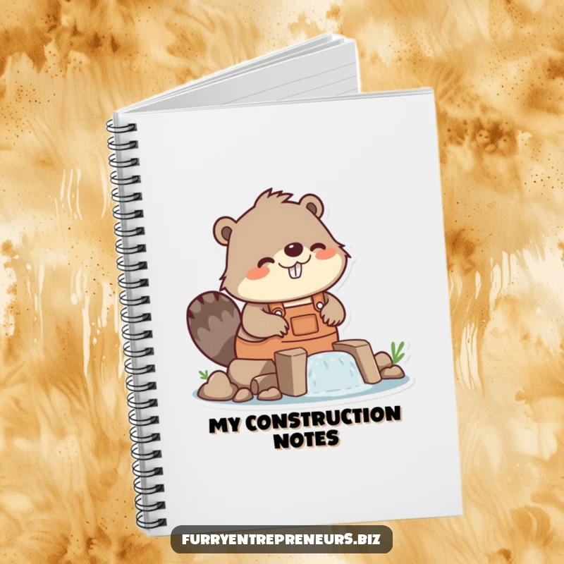 Funny beaver character building a dam on a notebook cover, project planner, construction humor, great funny gift.