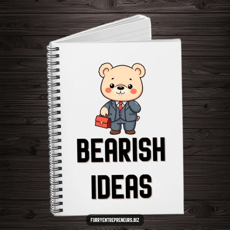 Cute bear character shaking a briefcase on a notebook cover, ideal for jotting down professional notes.