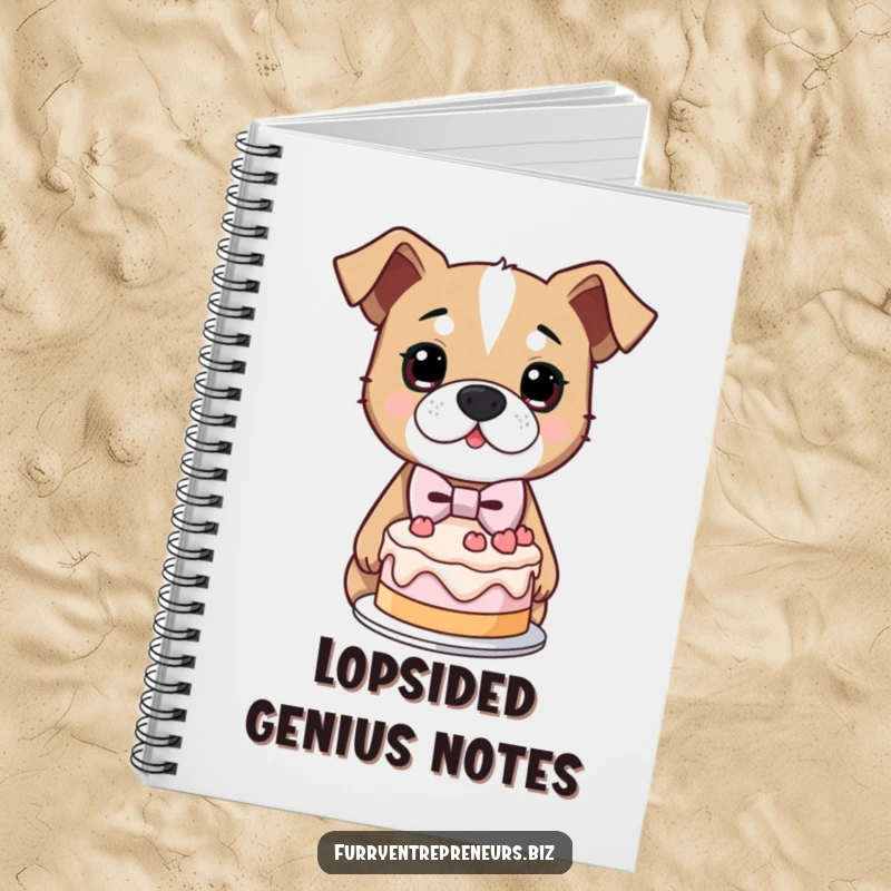 Funny notebook cover featuring a determined dog in a bowtie, proudly presenting a lopsided cake, perfect for notes.