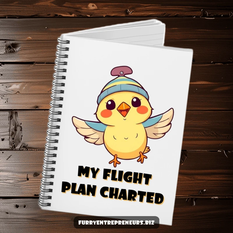 Funny bird wearing a propeller beanie, flying with energy, on a notebook cover, ideal for journaling adventures, a funny gift.