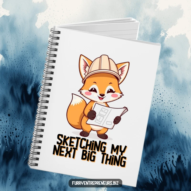 Funny notebook with a smiling fox in a hard hat, holding a blueprint, inspiring creativity and diligent planning.