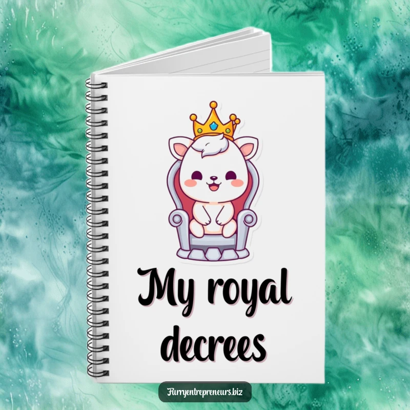 Funny notebook with a smiling animal character, crown, and tiny throne, encouraging users to write about their own regal thoughts.