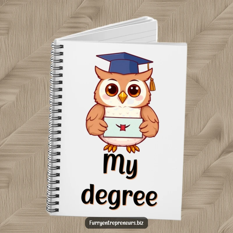 Funny owl wearing a graduation cap, holding a diploma, designed for note-taking and academic pursuits in a humorous and inspiring notebook.