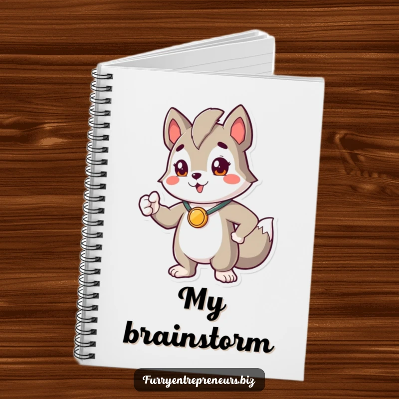 Funny notebook with a proud animal character, medal, and heroic pose, encouraging users to write about their own achievements.