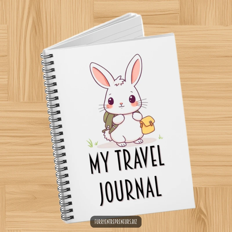 Funny rabbit explorer notebook featuring a curious rabbit with a backpack, ready to record exciting adventures.