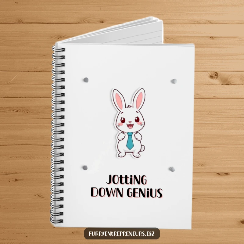 Funny notebook with a happy rabbit wearing a tiny tie, presenting on a whiteboard, inspiring organized thoughts.