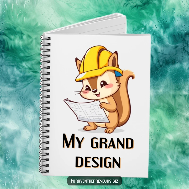 Funny squirrel inspecting a blueprint, featured on a notebook cover for creative planning and humor.