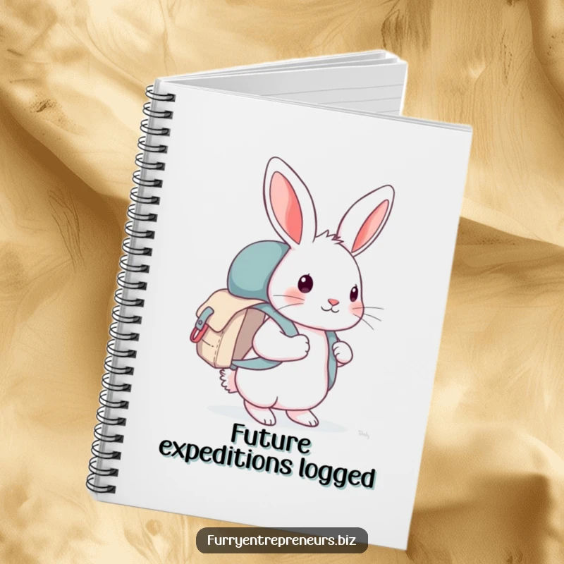 Funny rabbit with a backpack writing in a notebook, a creative and inspiring journal, ideal for note-taking and gift ideas.