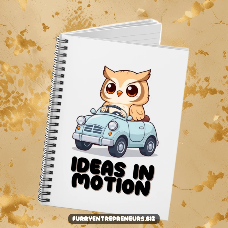 Funny notebook featuring a cute owl driving a tiny toy car, ideal for jotting down notes with a blend of playful charm and humor.