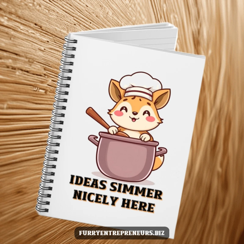 Funny chef animal notebook featuring a happy character in a chef hat, stirring a giant stew pot.