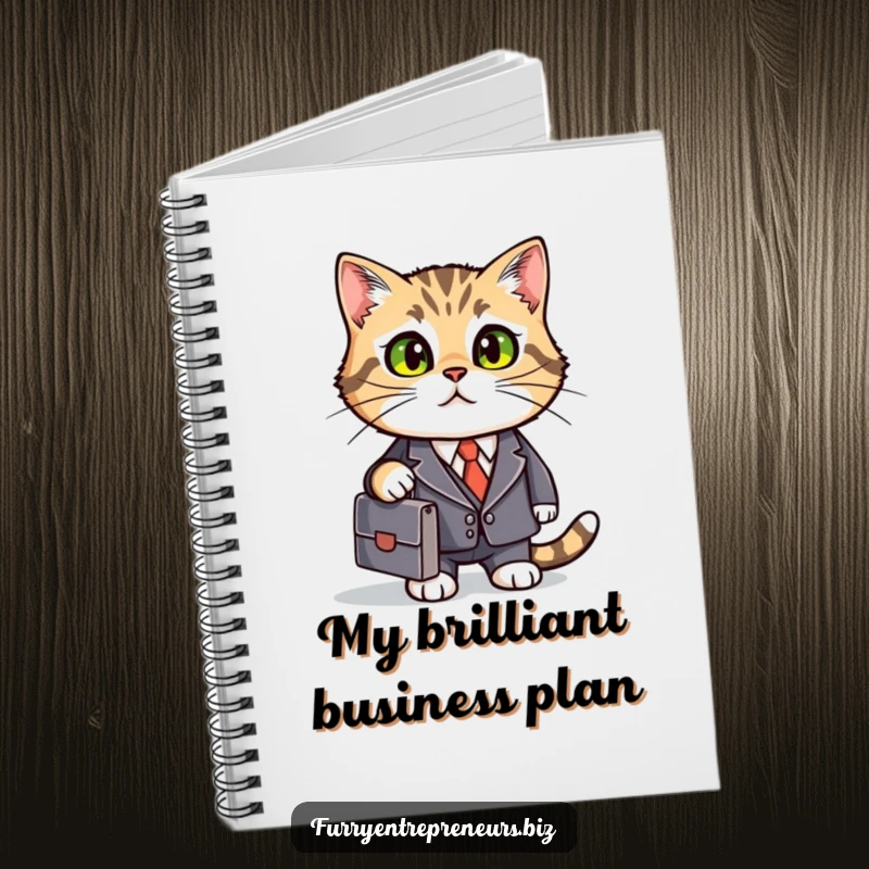 Funny business cat notebook, suited and briefcase-ready, ideal for jotting down professional plans and ideas.