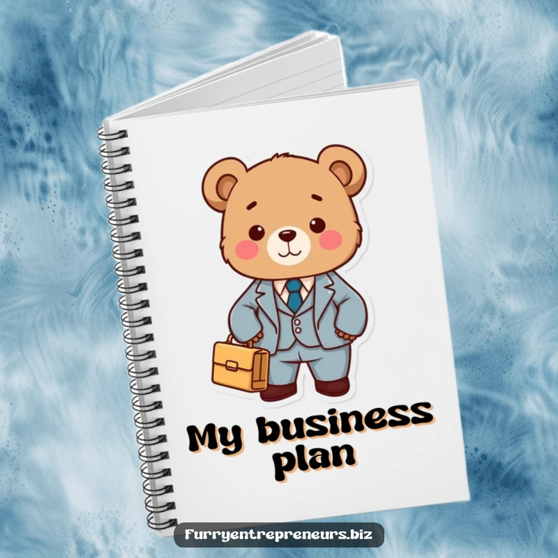 Funny bear in a tiny suit holding a briefcase, designed for note-taking and business planning in a professional and humorous notebook.
