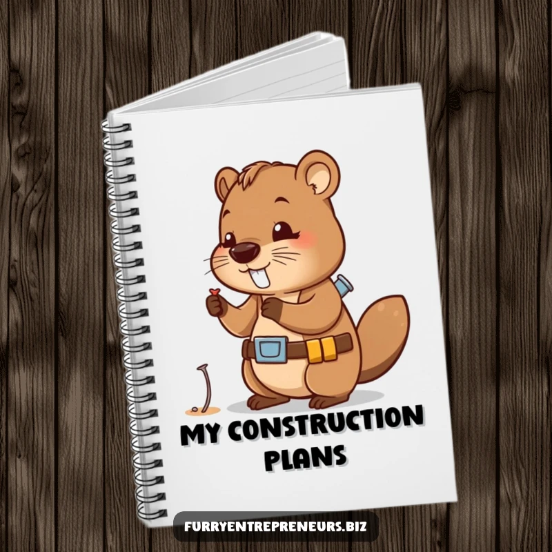 Funny notebook with a cute beaver character wearing a tool belt, examining a tiny nail, perfect for project planning.