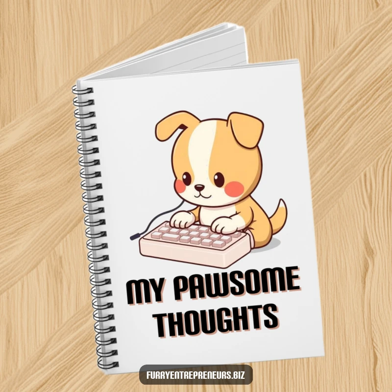 Funny notebook with an adorable dog character typing on a miniature keyboard, inspiring creativity and diligent note-taking.