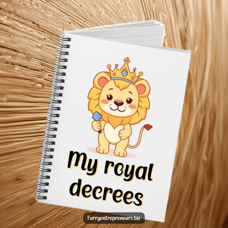 Funny lion king notebook featuring a proud lion with crown and scepter, ideal for jotting down regal thoughts humorously.