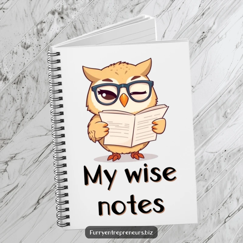Funny notebook with a winking owl wearing glasses, reading a financial report, inspiring financial planning.