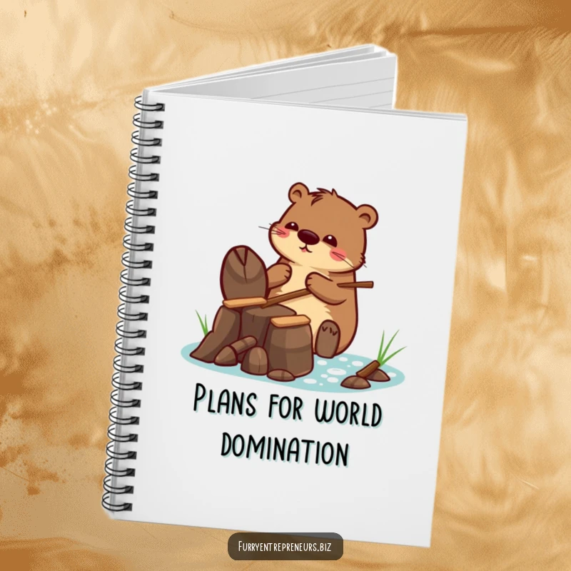 Funny notebook cover featuring a beaver character building a tiny dam with tiny sticks, perfect for jotting down plans and ideas.